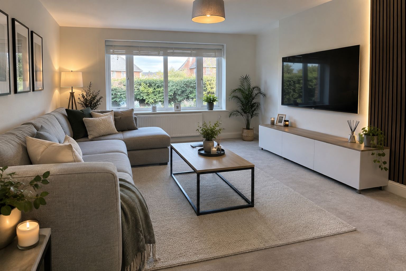 Clean, tidy living room with grey sofa and neutral carpet